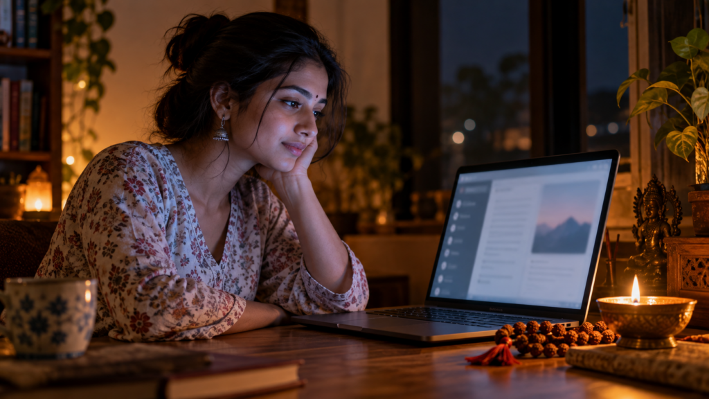 Young woman journaling with an AI app beside a diya and rudraksha beads