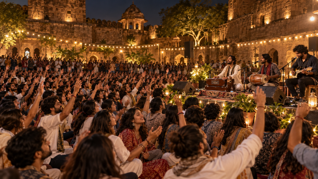Young Indians singing at a bhajan clubbing night in an old fort courtyard