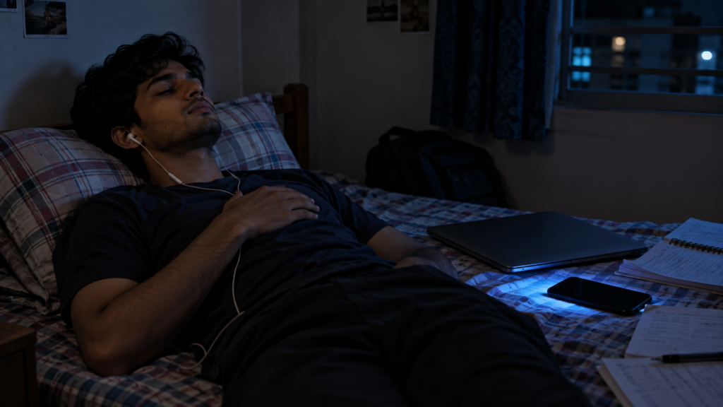 Young Indian student using breathwork to calm exam stress at night