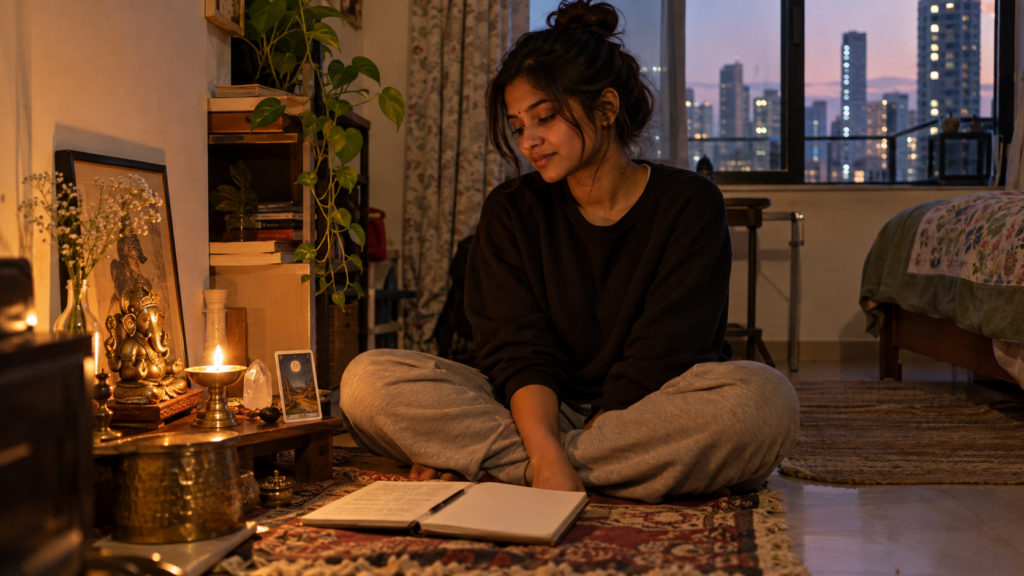 Young Indian woman at a personal altar mixing a diya, idol, crystal and tarot, showing Gen Z spirituality