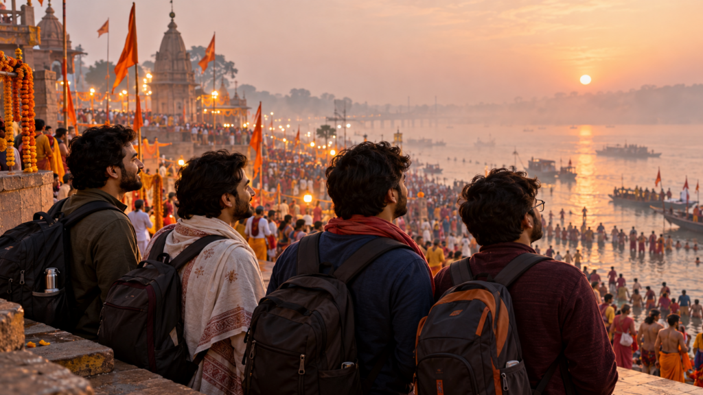 Group of young friends on the river ghats at dawn during a pilgrimage