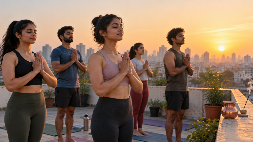 Gen z Indians closing a rooftop yoga session in namaskar at sunrise