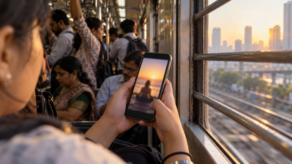 Young commuter watching a spiritual reel on a phone, reflecting Gen Z spirituality trends in India