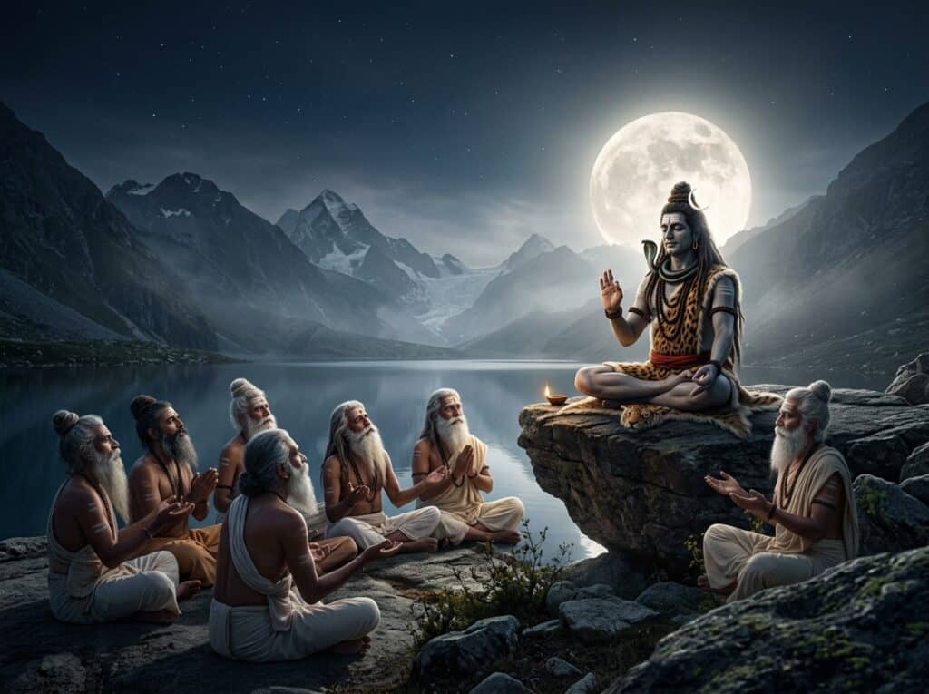 Adiyogi Shiva teaching the Saptarishis the science of yoga under the full moon at Lake Kantisarovar near Kedarnath on Guru Purnima