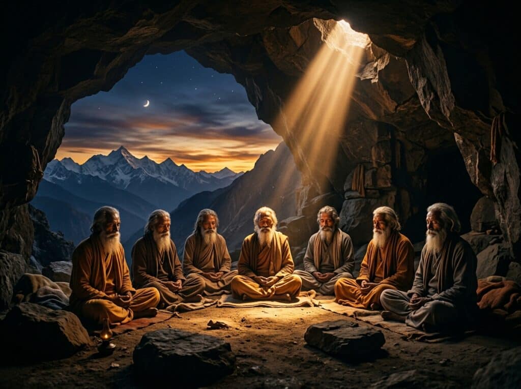 Seven sages meditating in a Himalayan cave for 84 years, waiting for Adiyogi Shiva's attention during the shift from Uttarayana to Dakshinayana on Guru Purnima