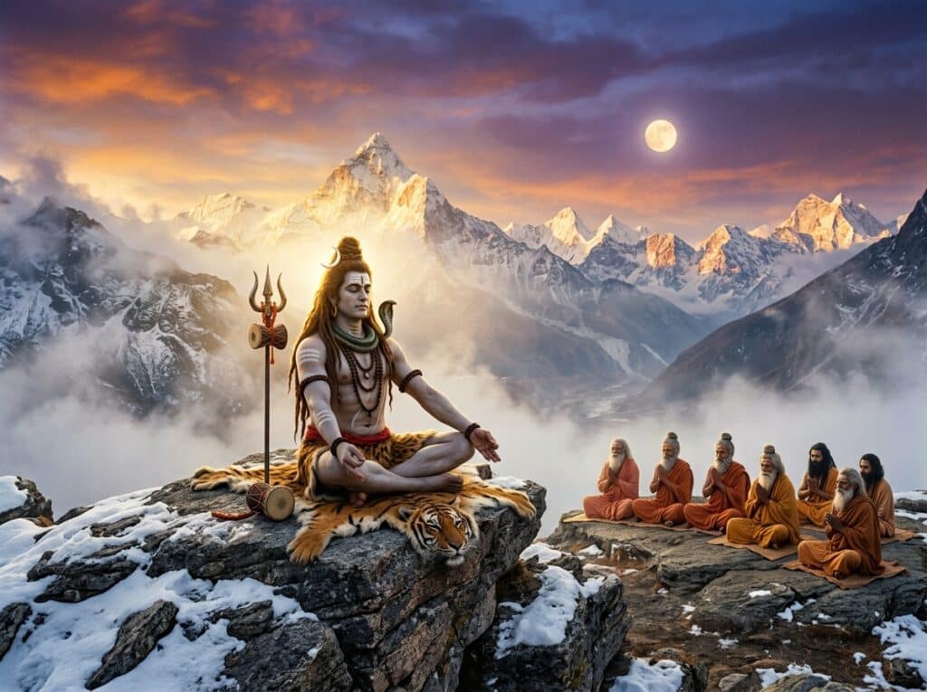 Adiyogi Shiva meditating on a Himalayan peak with seven sages sitting below at sunrise, representing the beginning of the guru-shishya tradition on Guru Purnima