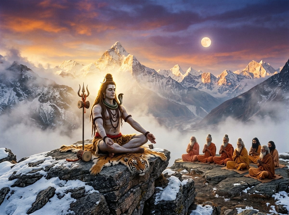 Guru Purnima story: Adiyogi Shiva meditating before the Saptarishis in the Himalayas