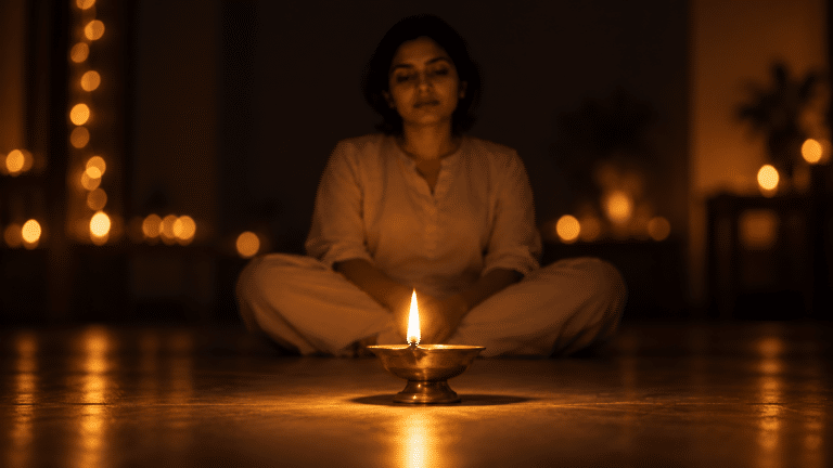 Person meditating before a single diya flame on Diwali 2026 Amavasya night, trataka practice during Lakshmi Puja muhurat November 8