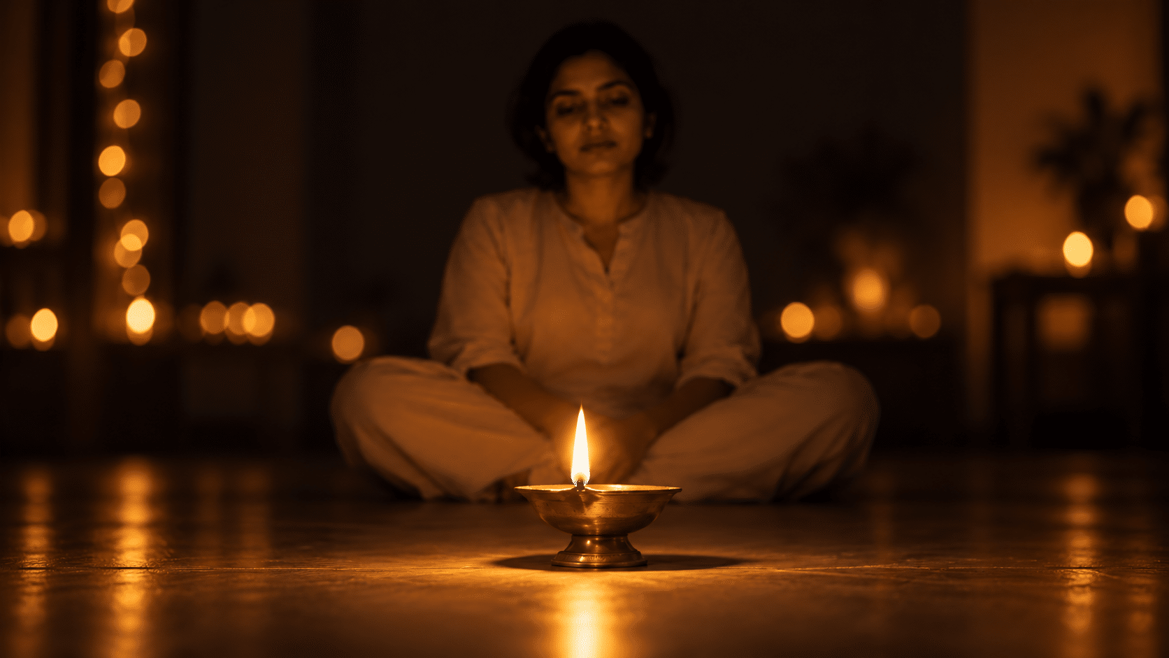 Person meditating before a single diya flame on Diwali 2026 Amavasya night, trataka practice during Lakshmi Puja muhurat November 8